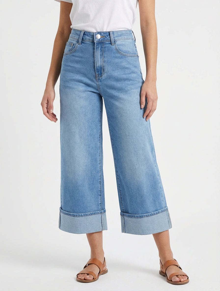 Weite Bermuda mit Umschlag - Blau