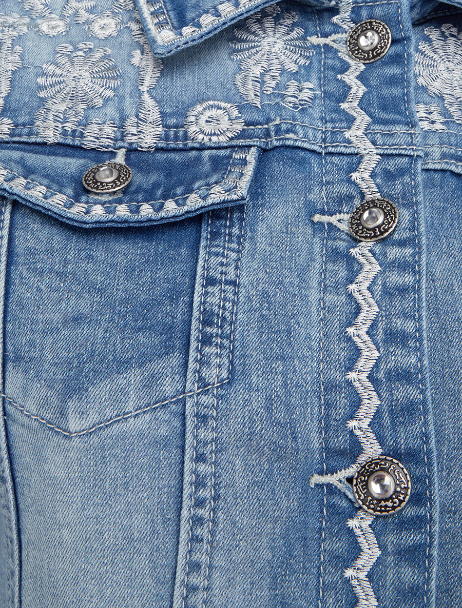 Veste en jean à broderies florales - Bleu - 3