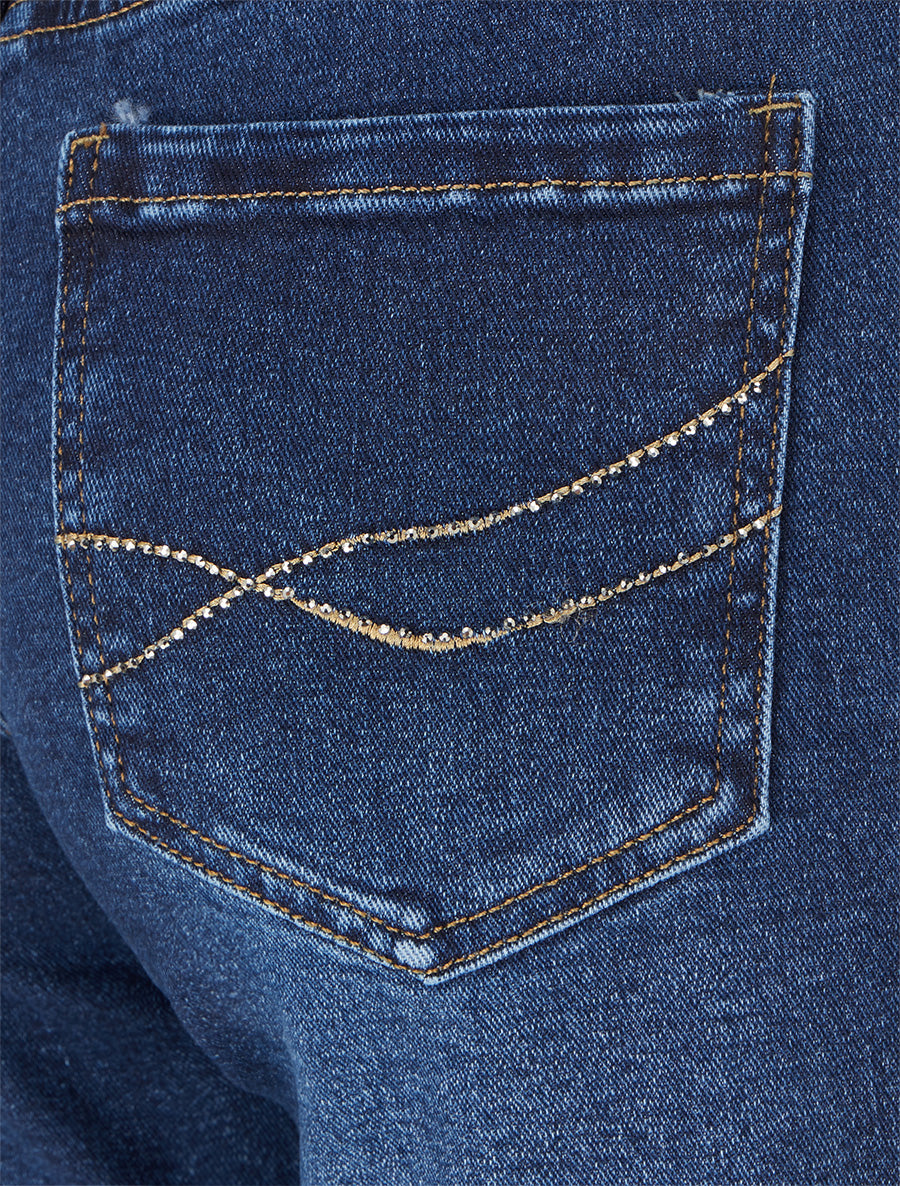 Jean à poches strassées coupe droite - Bleu - 3