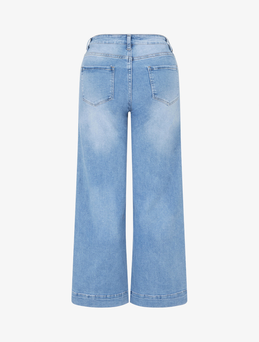 Jean taille haute à boutons décoratifs coupe droite - Bleu - 2