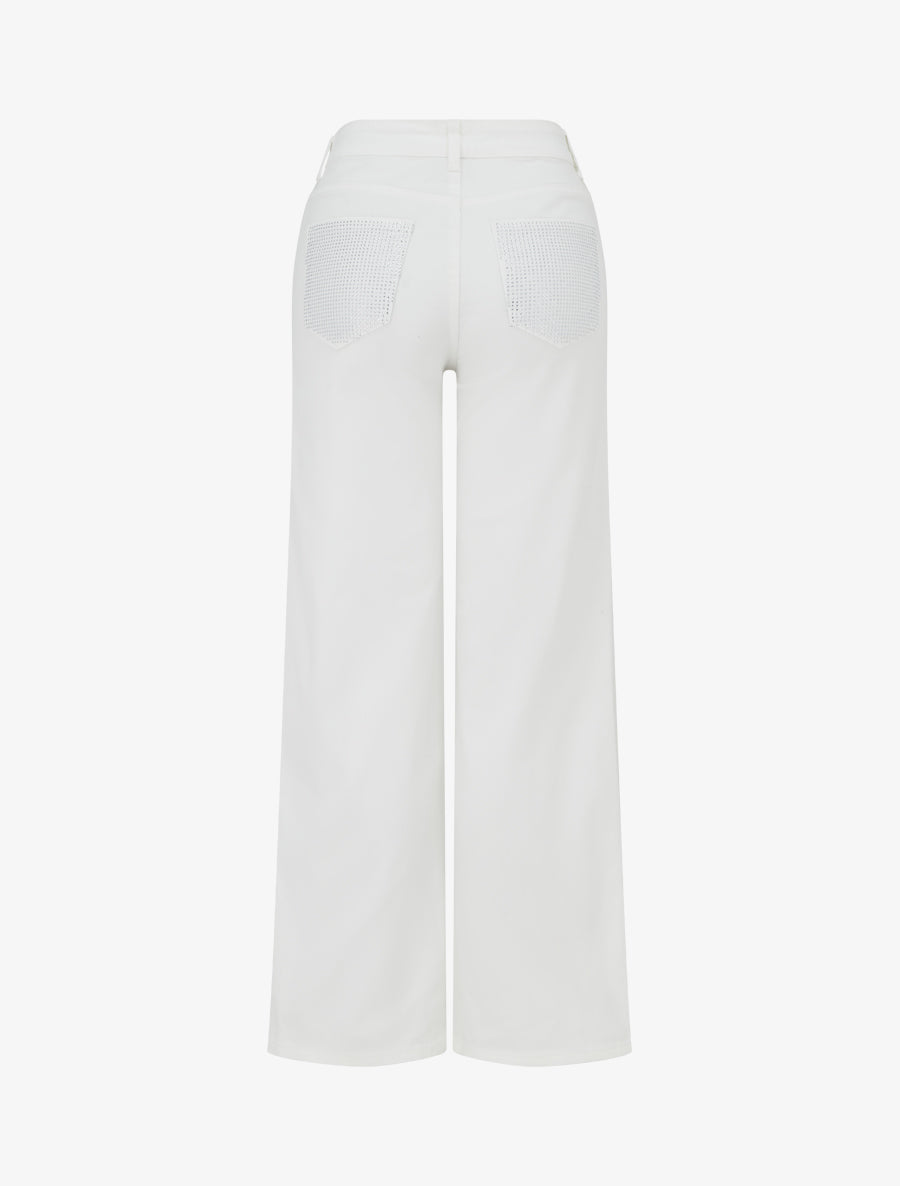 Jean wide leg taille haute poches strassées - Blanc - 2