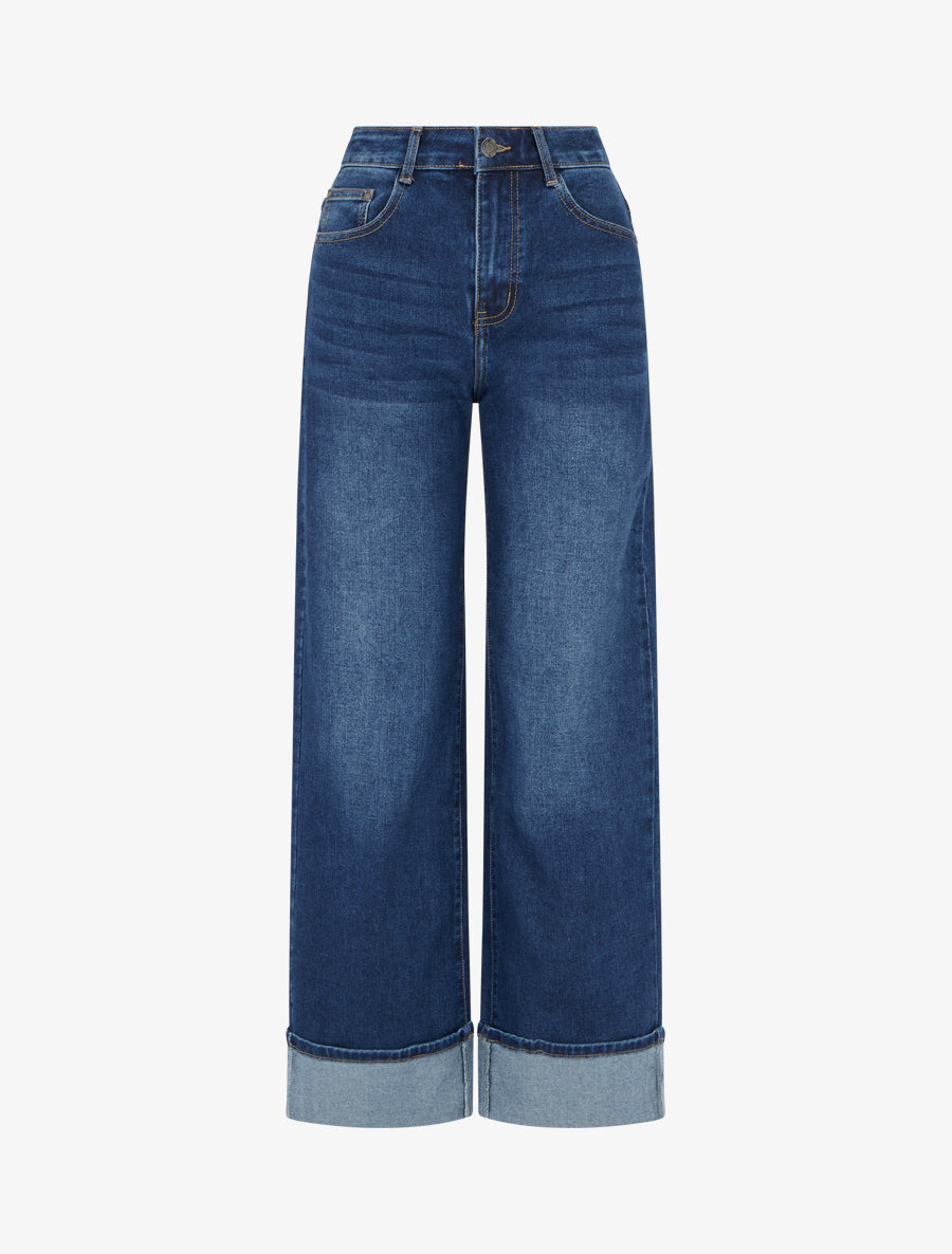 Jean coupe wide leg à ourlet - Bleu denim - 1