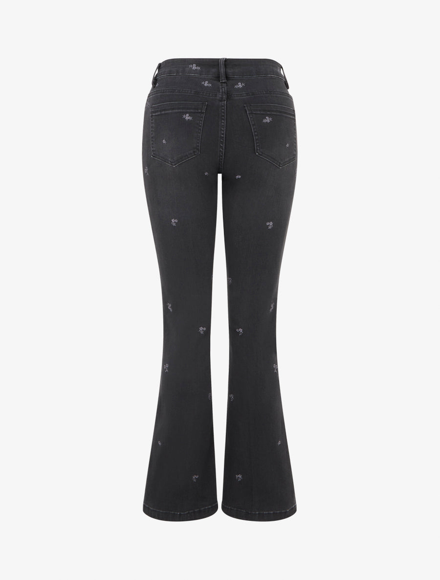 Jean à petites fleurs brodées coupe flare - Gris anthracite - 2