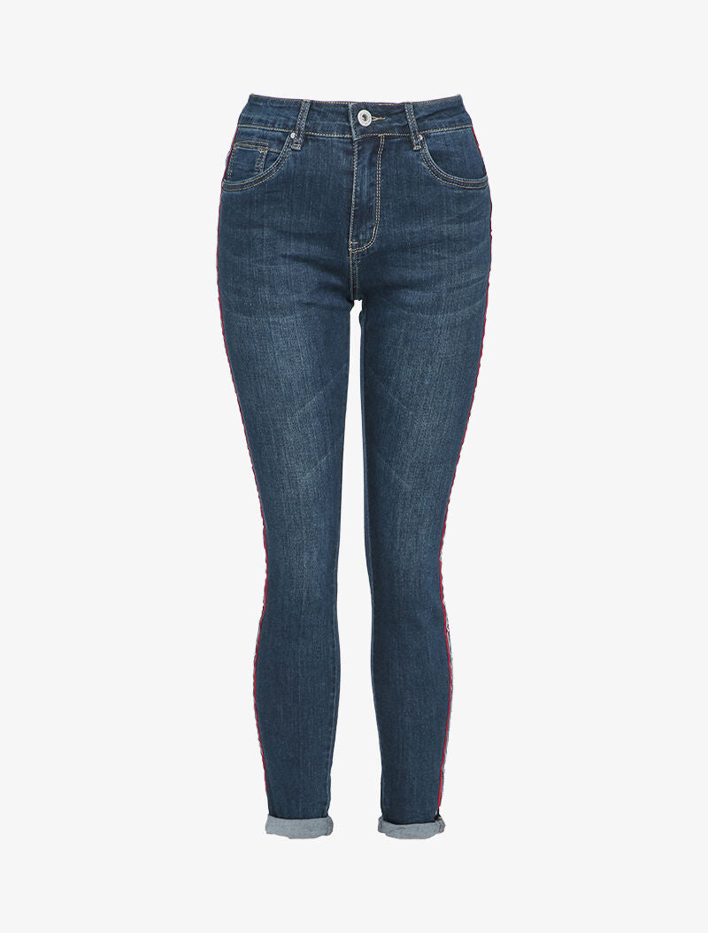 Jean slim à bandes contrastantes - Bleu denim - 1