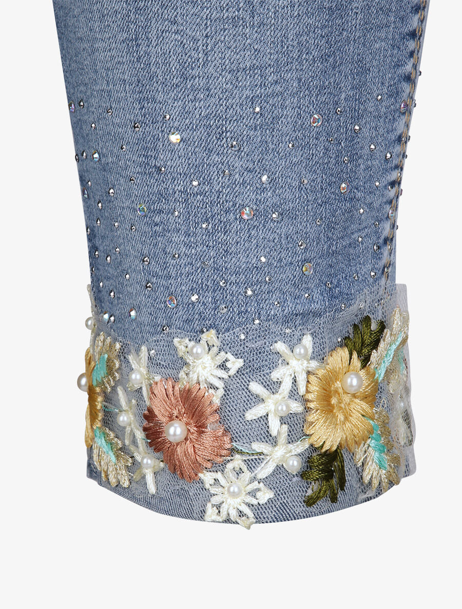 Jean 7/8 à revers orné de broderies et de strass - Bleu denim - 3