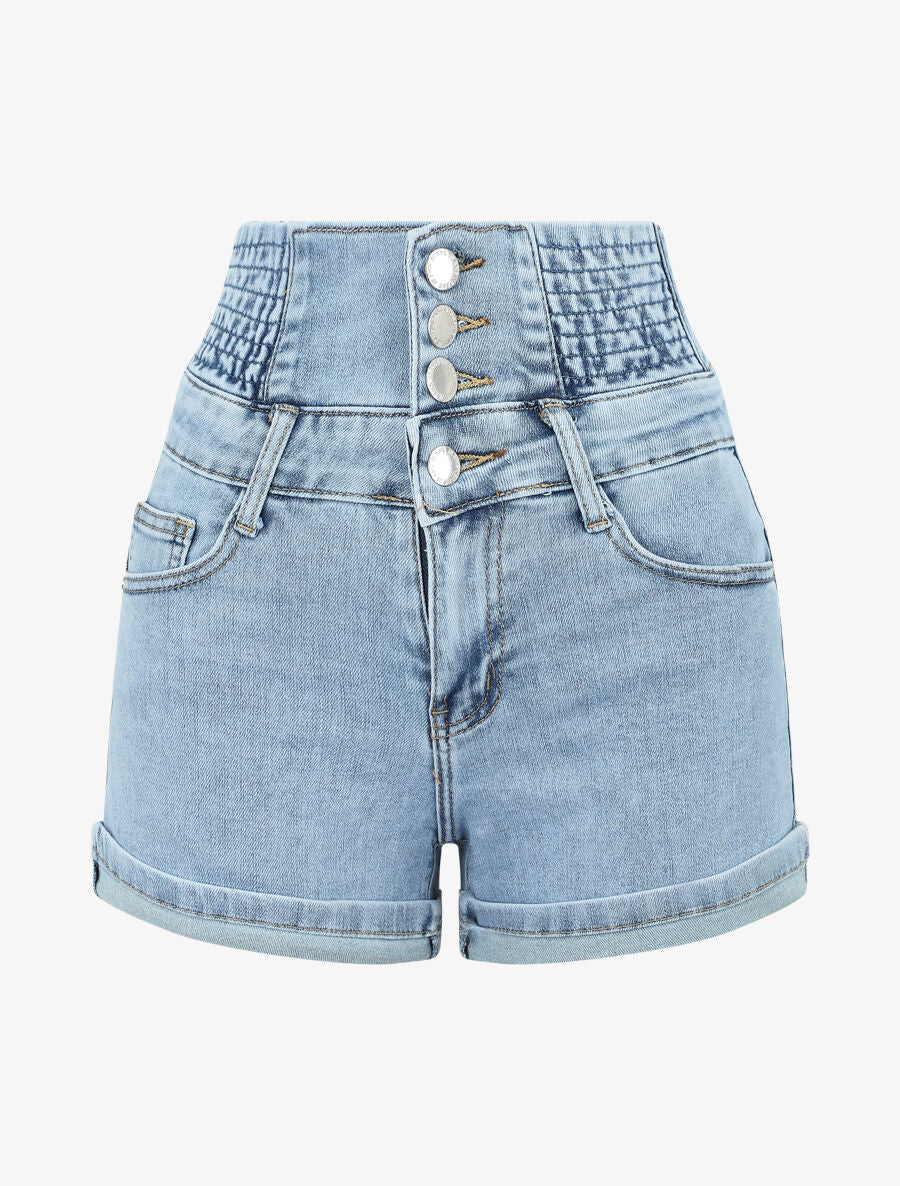 Short en jean à taille haute élastiquée - Denim clair - 4