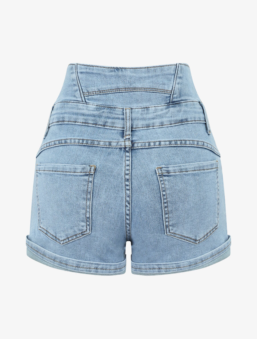 Short en jean à taille haute élastiquée - Denim clair - 2