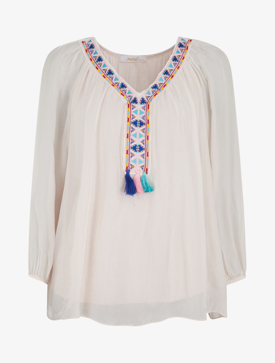 Blouse fluide à broderie et pampilles - Rose pâle - 1