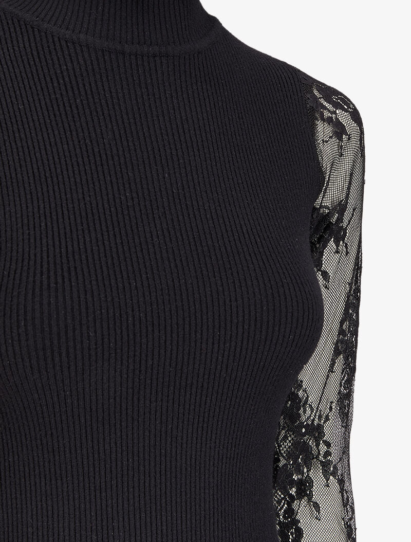 Robe pull côtelée à col volanté et manches en dentelle - Noir - 3
