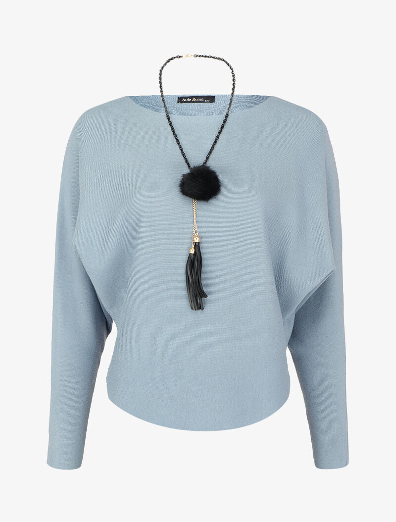 Pull à manches dolman et bords arrondis - Bleu - 1