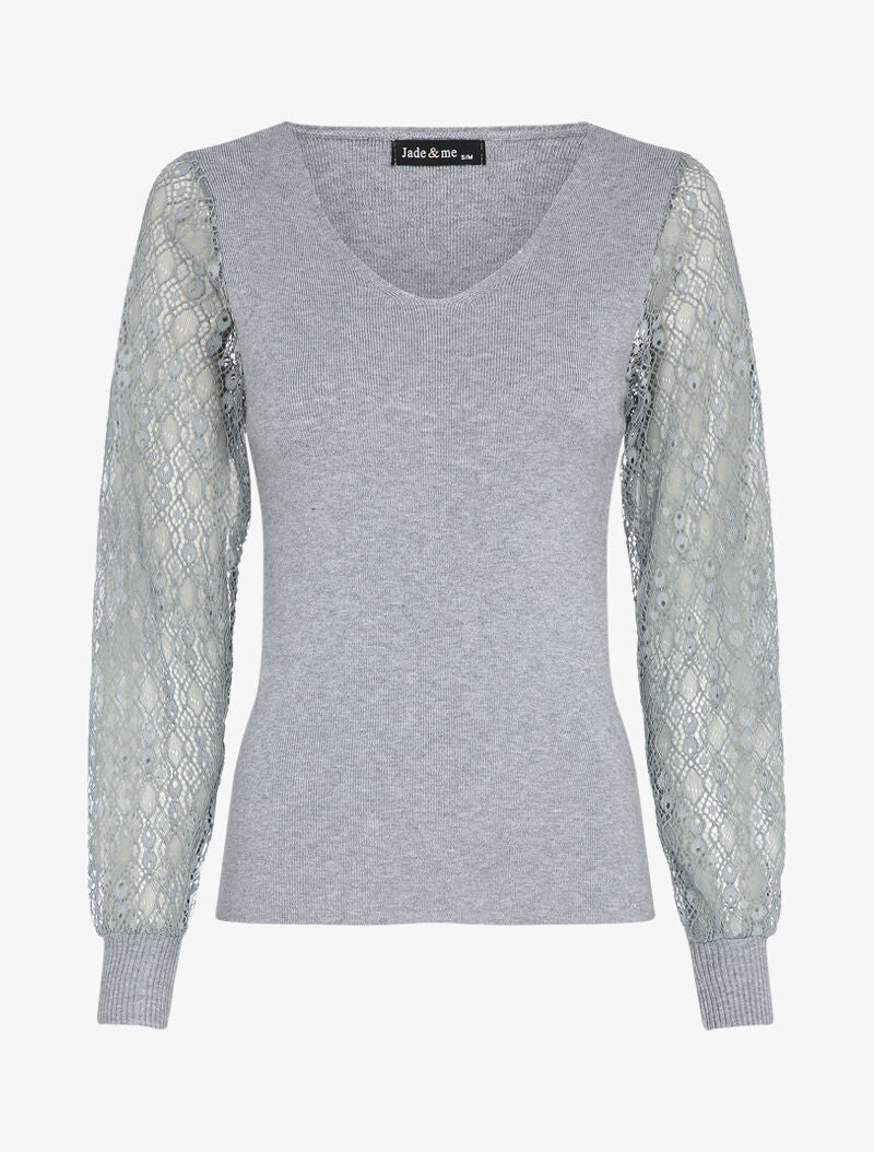 Pull fin à manches en dentelle ajourée - Gris - 1