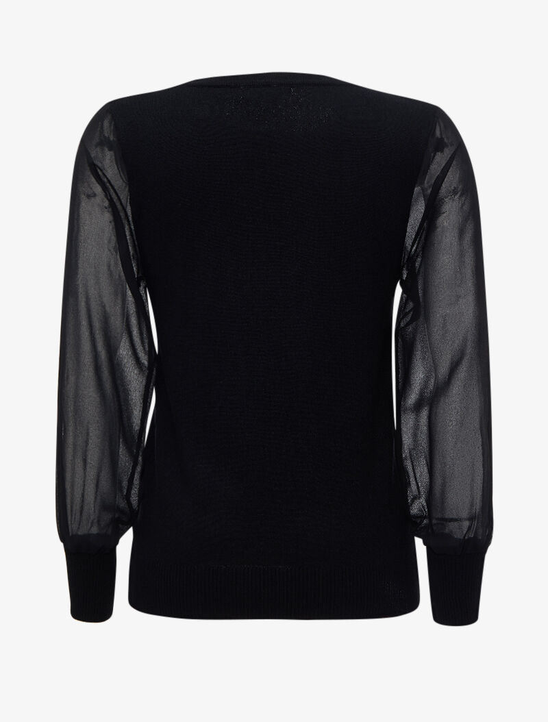 Pull à manches bouffantes en voile transparent - Noir - 2