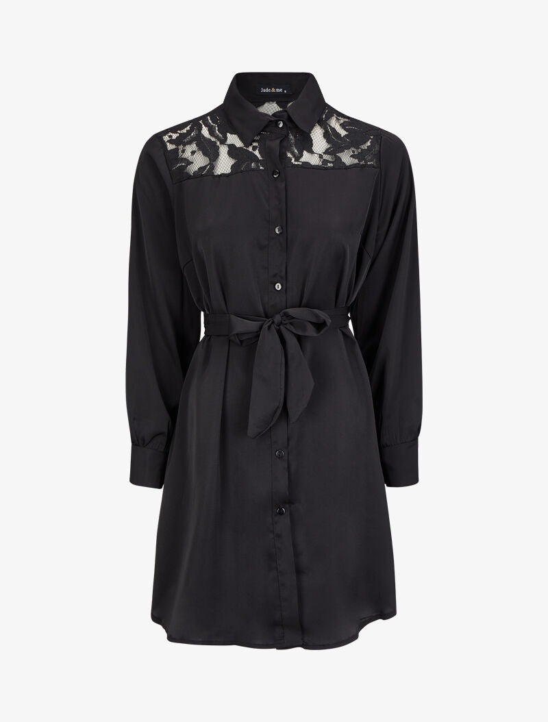 Robe chemise ample à épaules en dentelle - Noir - 4