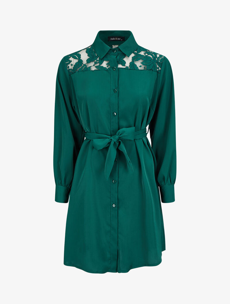 Robe chemise ample à épaules en dentelle - Vert sapin - 1