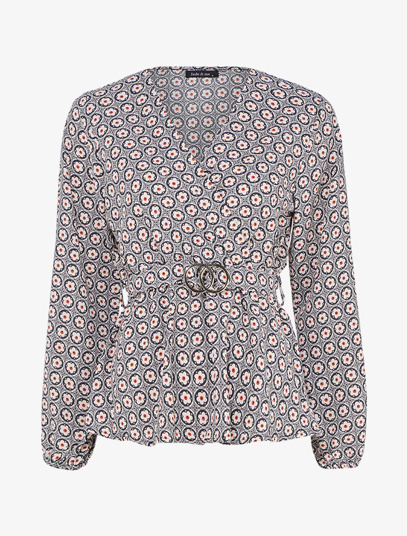 Top péplum imprimé marguerites stylisées à encolure cache-coeur - Noir/beige - 1