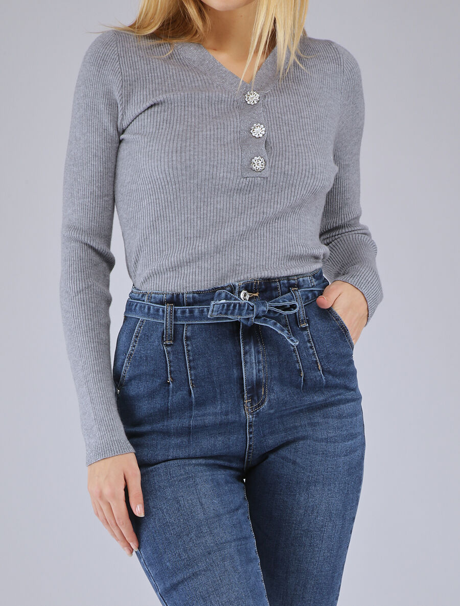Pull côtelé à col V irisé et boutons en strass - Gris chiné - 1