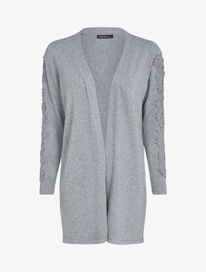 Gilet long à manches à empiècement brodé - Gris chiné - 1