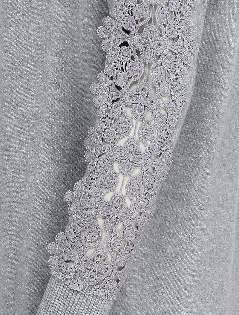 Gilet long à manches à empiècement brodé - Gris chiné - 4