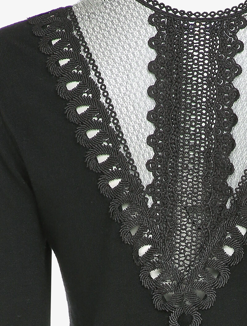 Pull fin à dos en dentelle ajourée - Noir - 3
