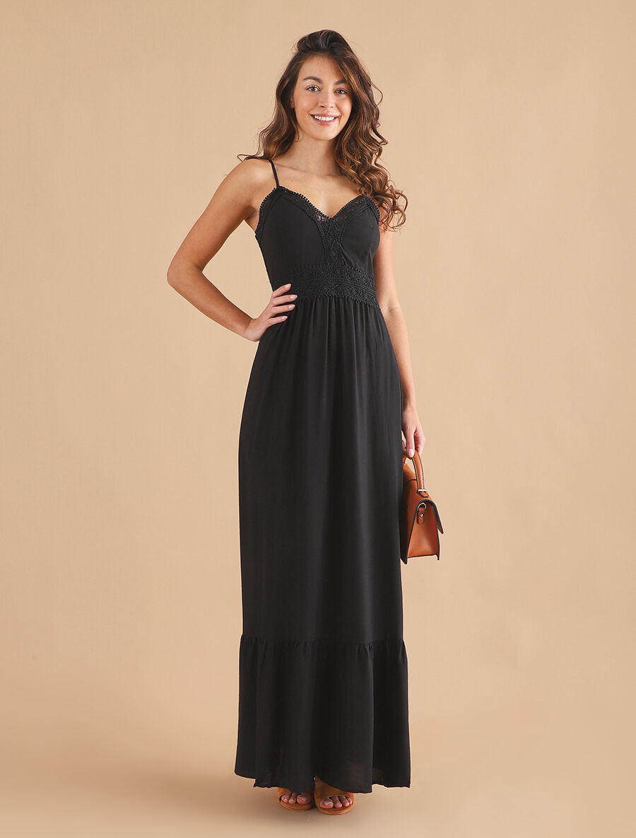Robe longue à col V en dentelle - Noir - 4
