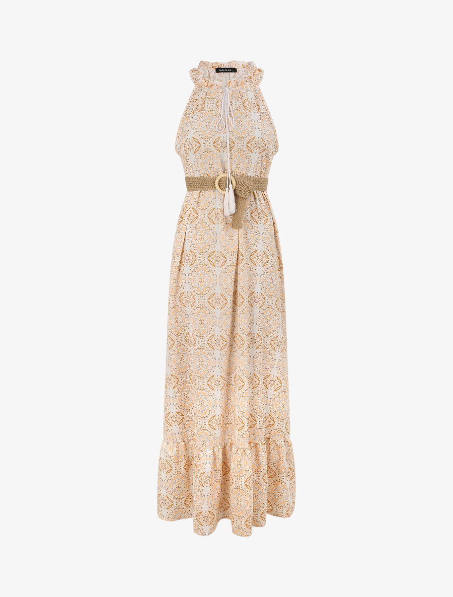 Robe longue évasée imprimé faïence fleurie - Orange - 1