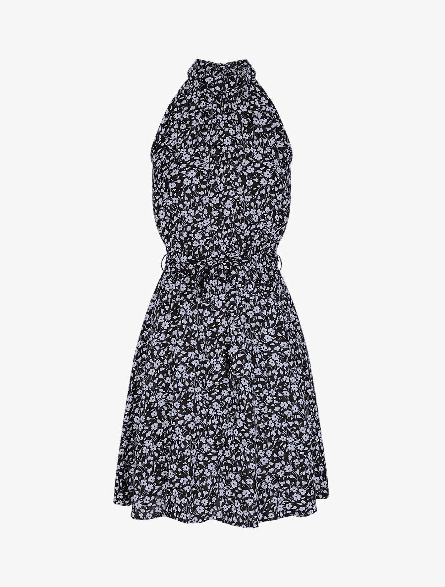 Robe cintrée imprimé petites fleurs à col américain - Noir - 4