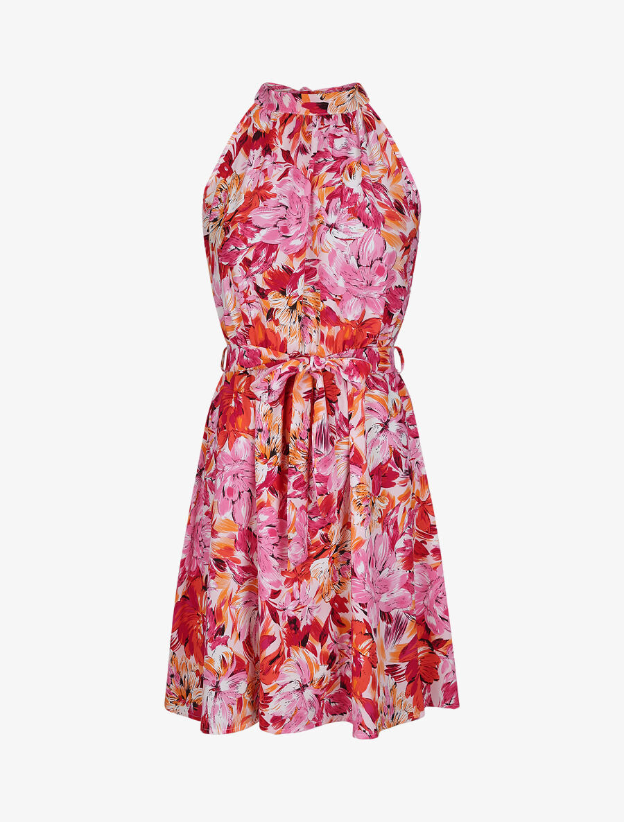 Robe cintrée imprimé grandes fleurs à col américain - Rose - 2