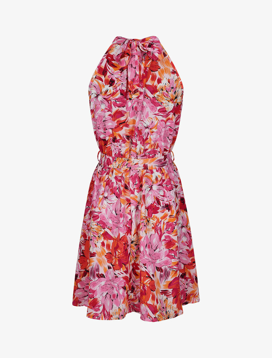 Robe cintrée imprimé grandes fleurs à col américain - Rose - 3