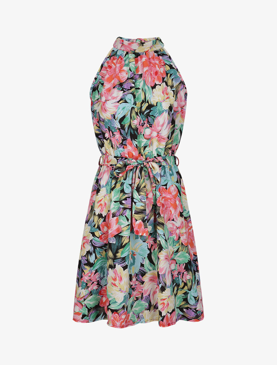 Robe cintrée imprimé grandes fleurs à col américain - Noir - 5
