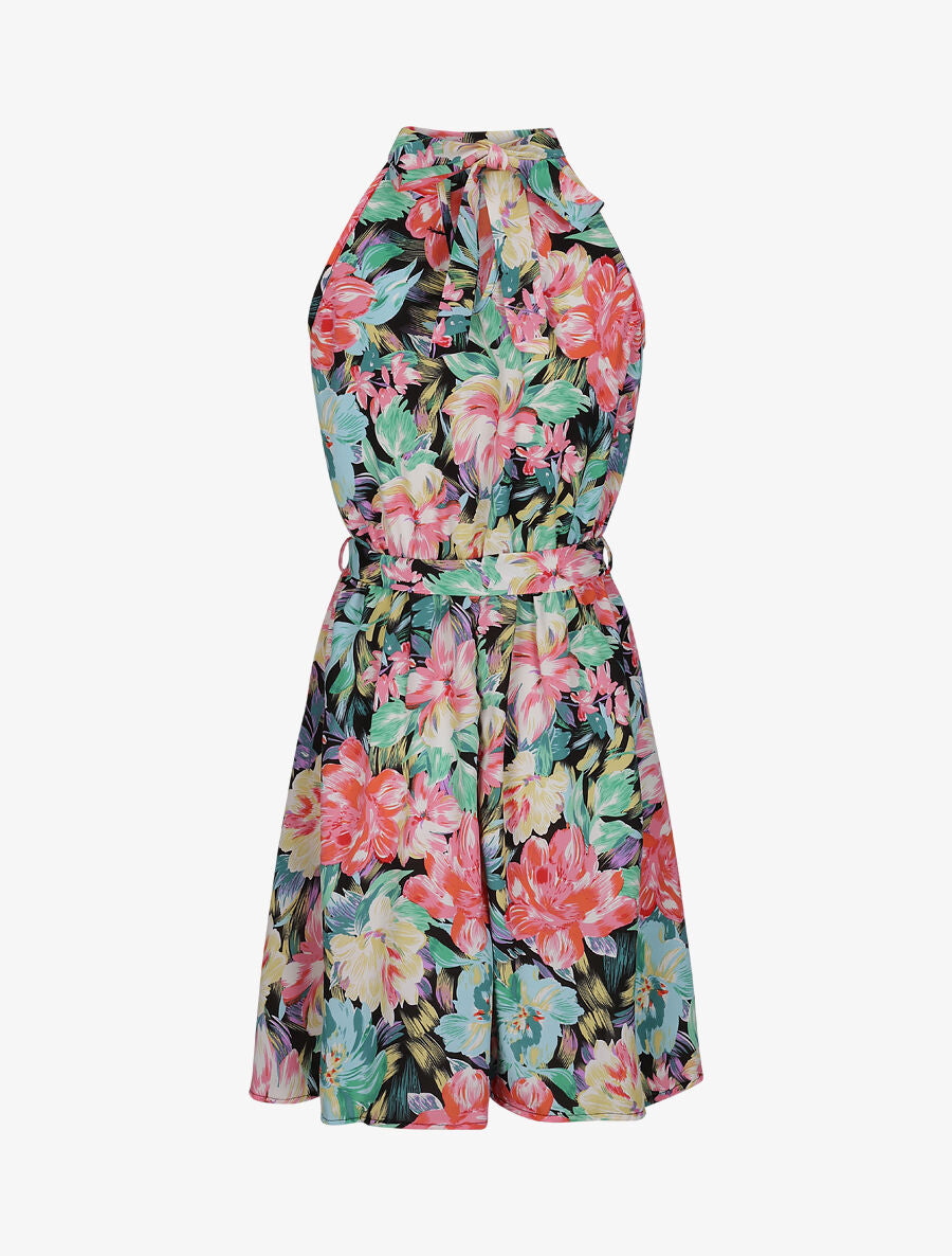 Robe cintrée imprimé grandes fleurs à col américain - Noir - 2