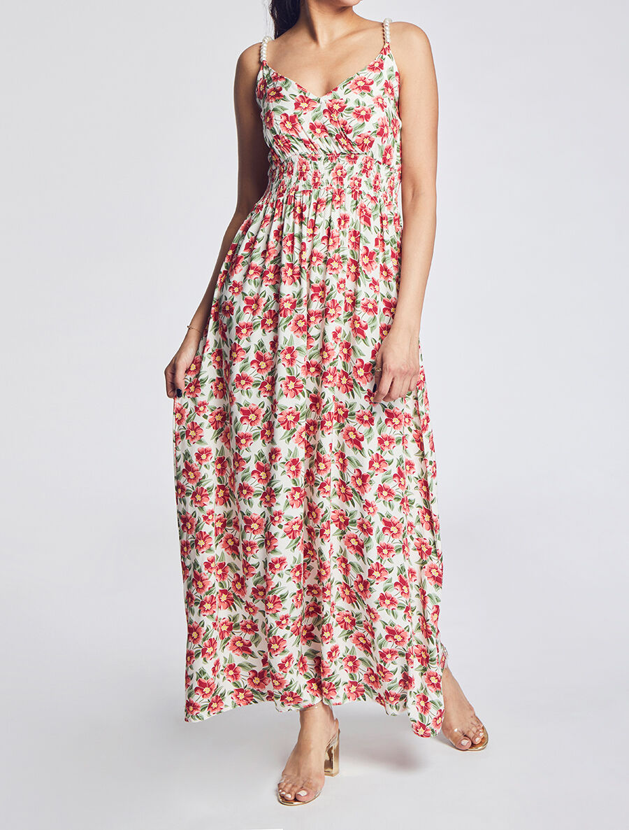 Robe longue empire imprimé fleurs tropicales à bretelles à perles - Blanc - 4
