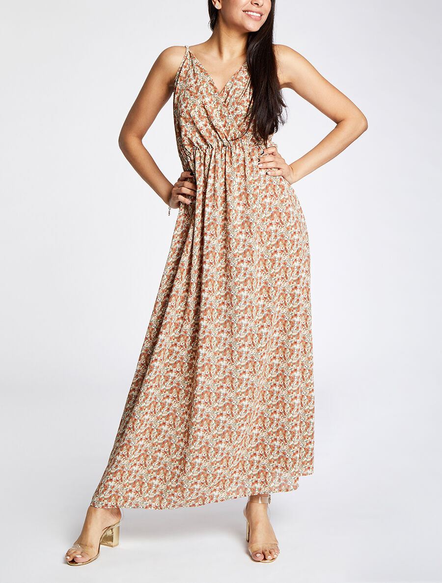 Robe longue empire imprimé fleuri à fines bretelles - Vert olive - 4