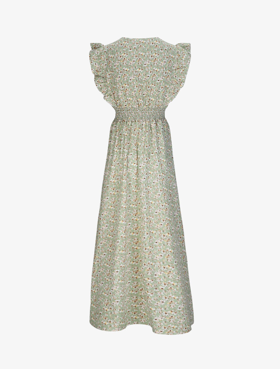 Robe longue empire à épaules volantées imprimé fleurs de cerisier - Vert - 2