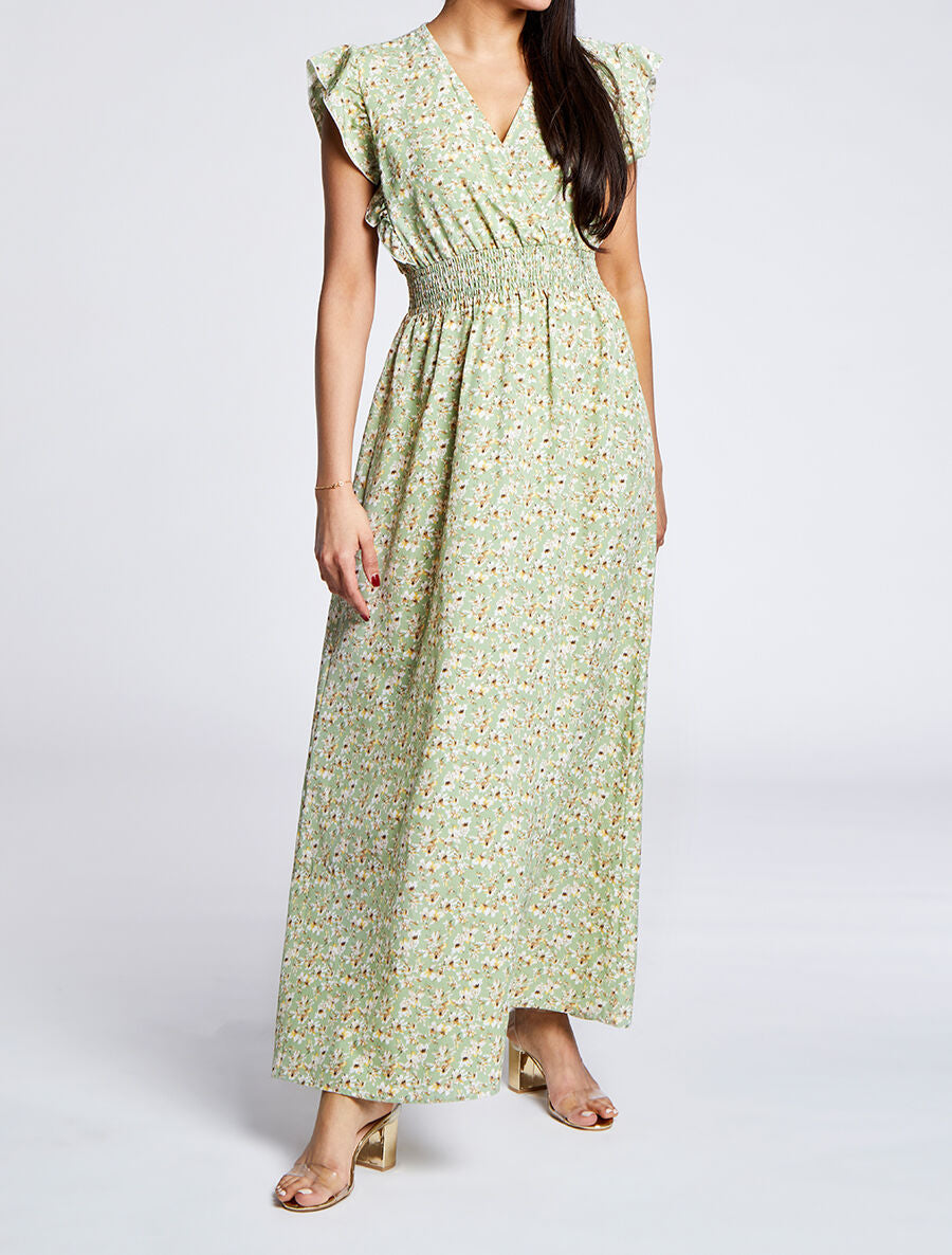 Robe longue empire à épaules volantées imprimé fleurs de cerisier - Vert - 4