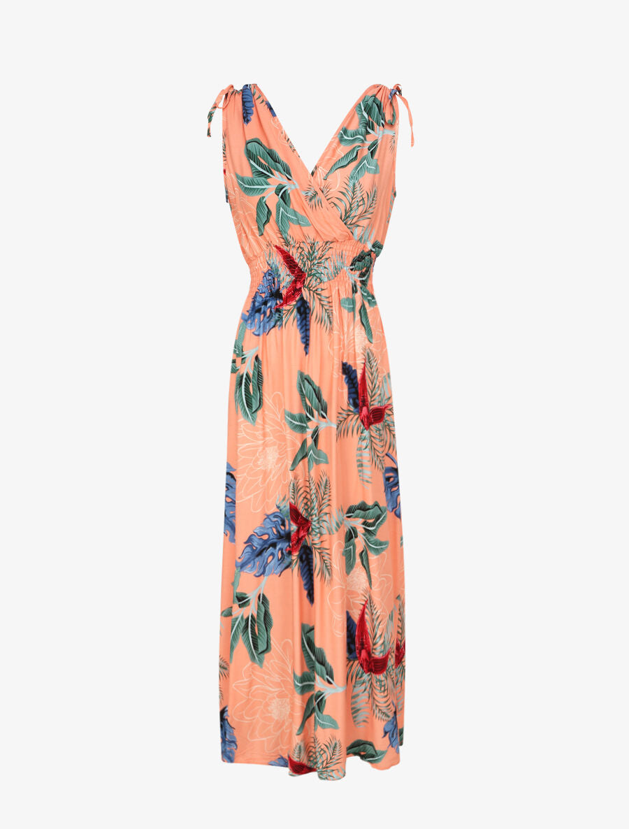 Robe longue cintrée imprimé grandes fleurs tropicales - Rose saumon - 5
