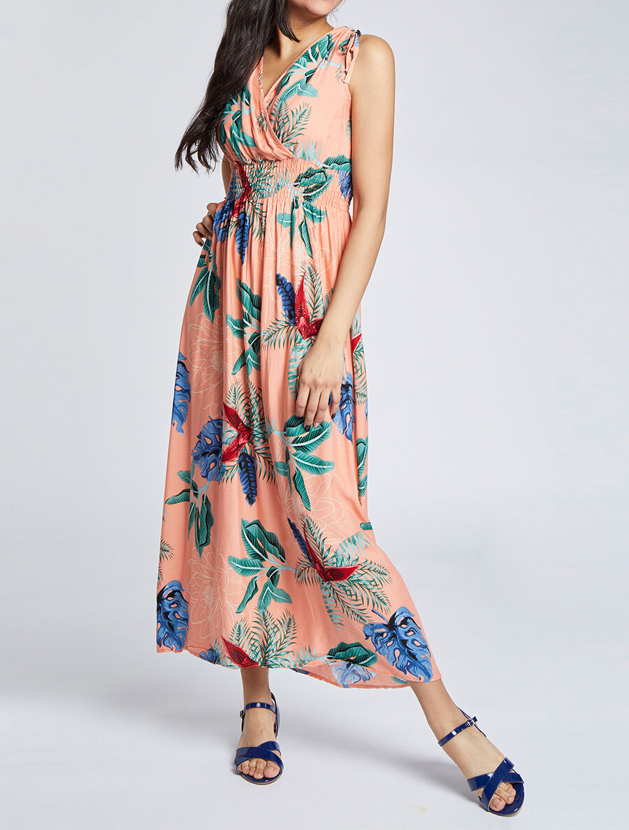 Robe longue cintrée imprimé grandes fleurs tropicales - Rose saumon - 1