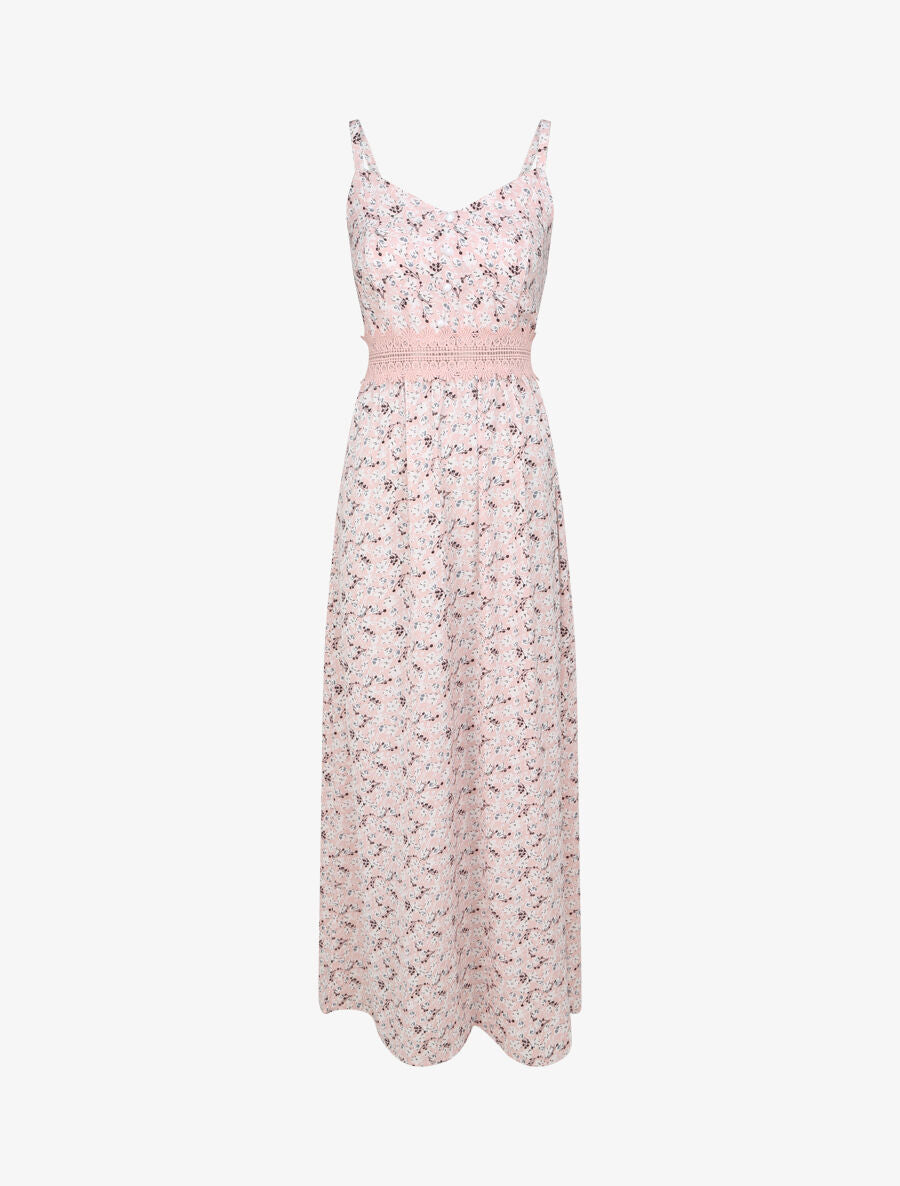 Robe longue imprimée petites fleurs à boutons décoratifs - Rose - 1