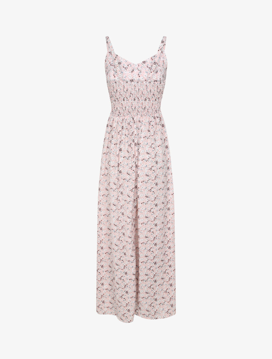 Robe longue imprimée petites fleurs à boutons décoratifs - Rose - 2
