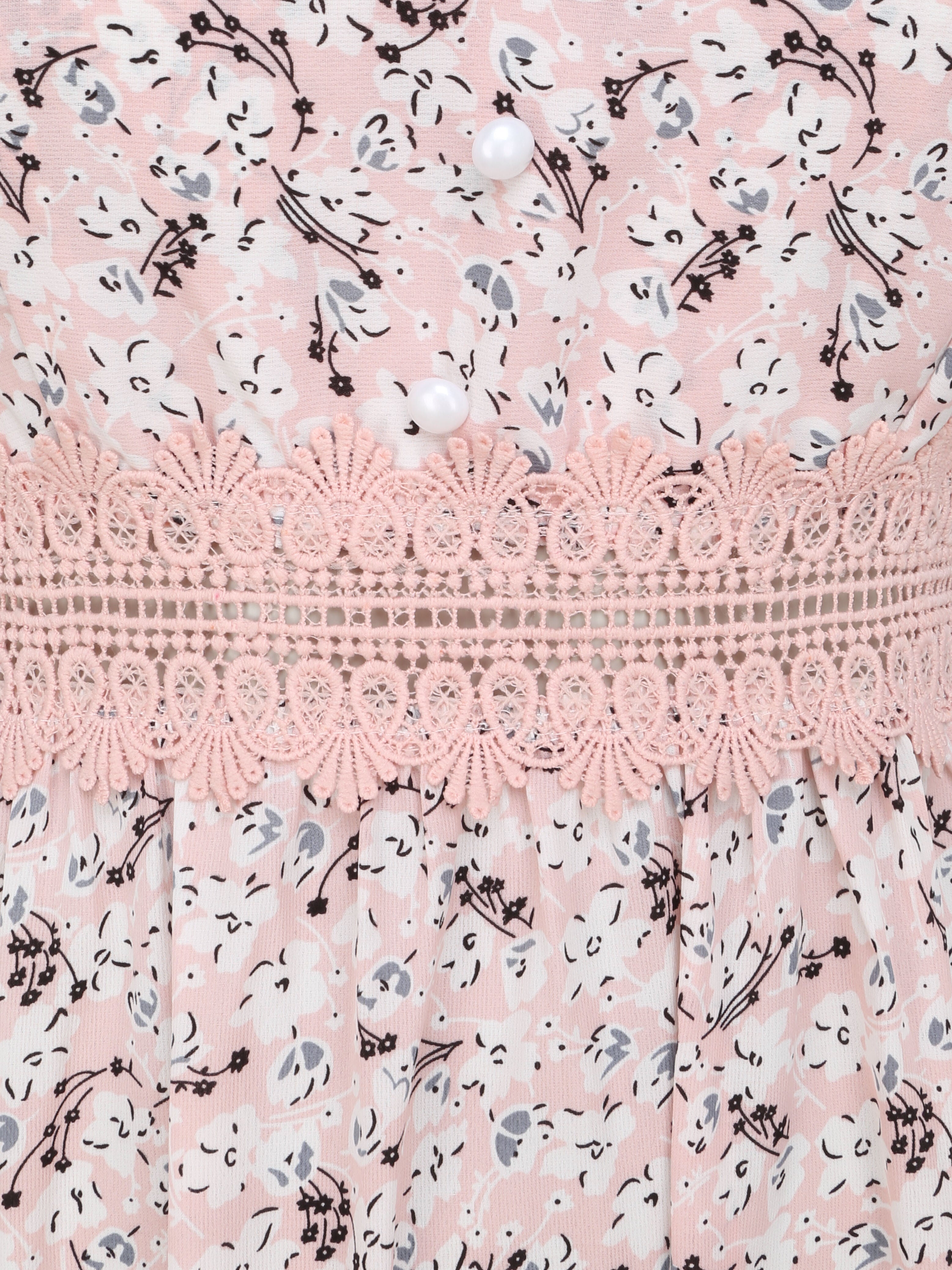 Robe longue imprimée petites fleurs à boutons décoratifs - Rose - 3
