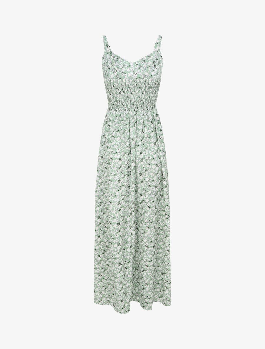 Robe longue imprimée petites fleurs à boutons décoratifs - Vert - 2