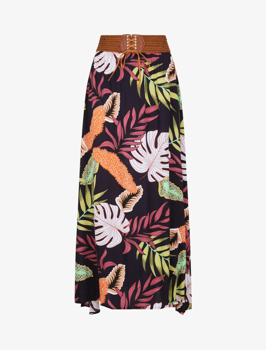 Jupe longue à imprimé tropical - Marine - 6