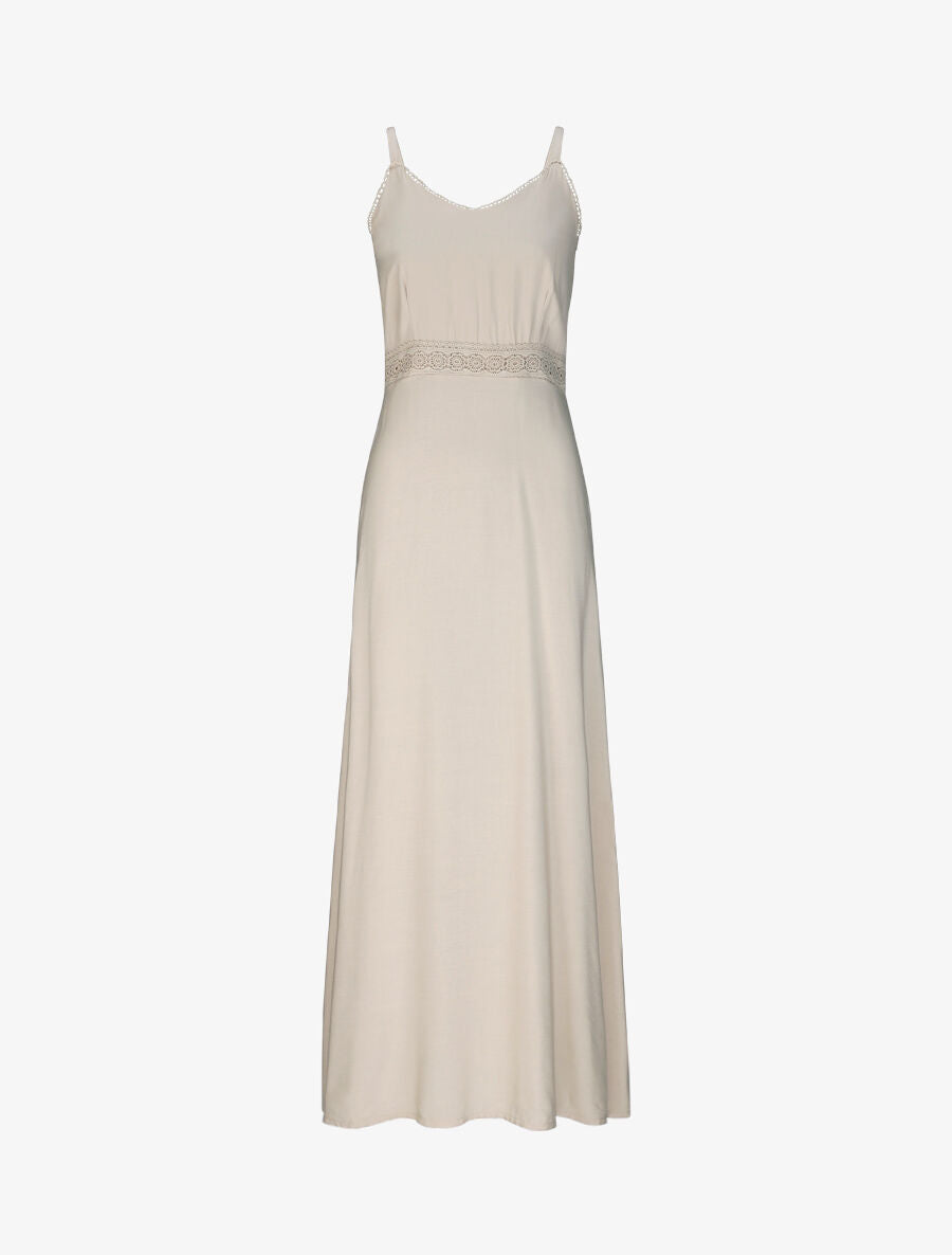 Robe longue évasée unie à taille en crochet - Beige - 1
