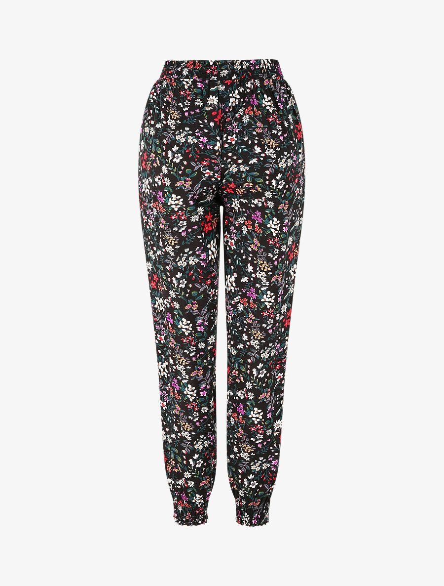 Pantalon fluide imprimé petites fleurs à bords élastiqués - Noir - 2