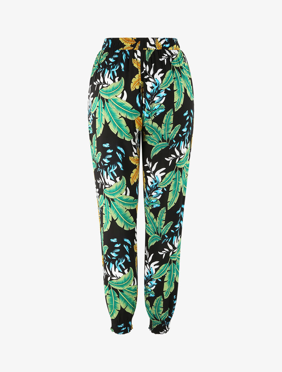 Pantalon fluide imprimé grandes feuilles à bords élastiqués - Vert - 2