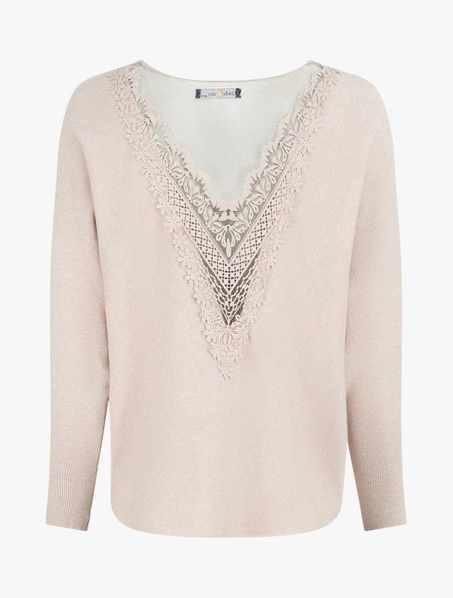 Pull à dos en dentelle - Beige - 3