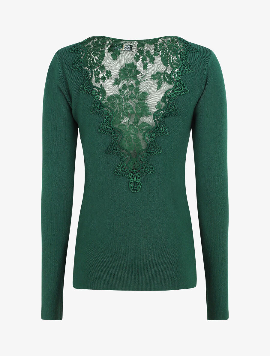 Pull fin à dos en dentelle - Vert émeraude - 1