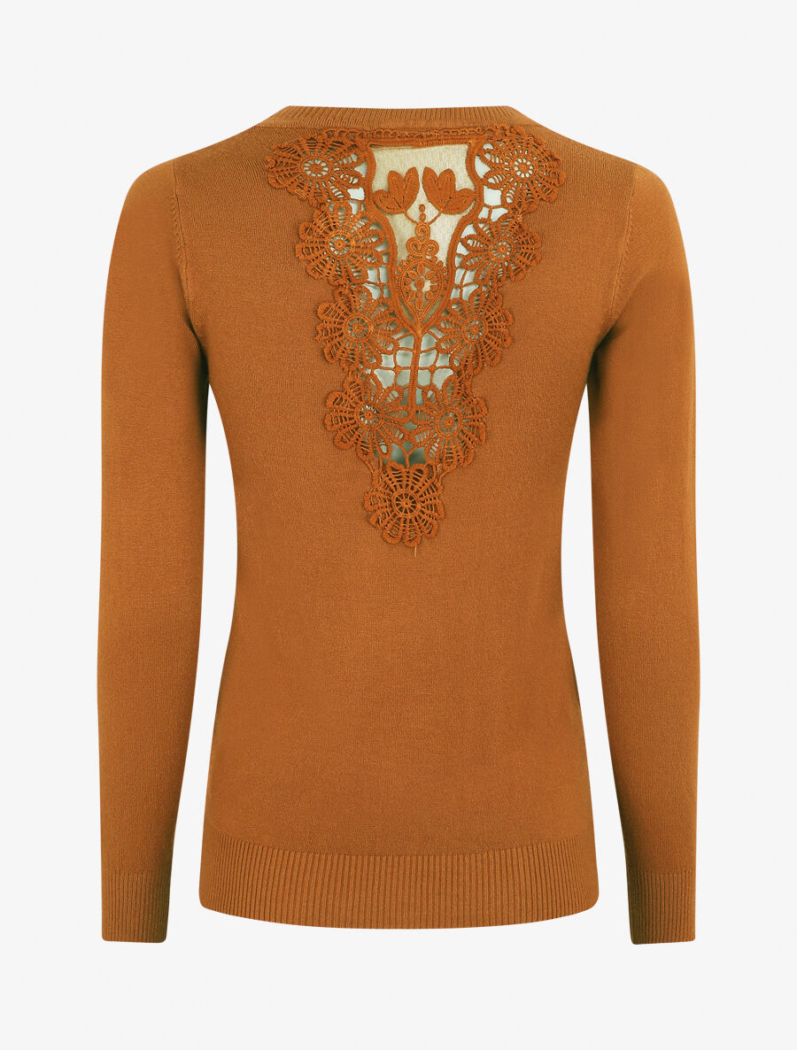 Pull à col rond et dos en dentelle - Camel - 3