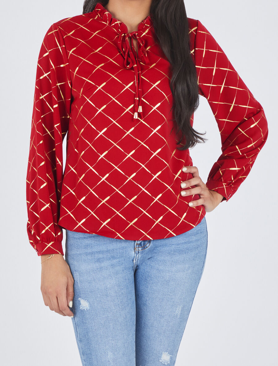 Blouse col V à imprimé dorés - Rouge - 4