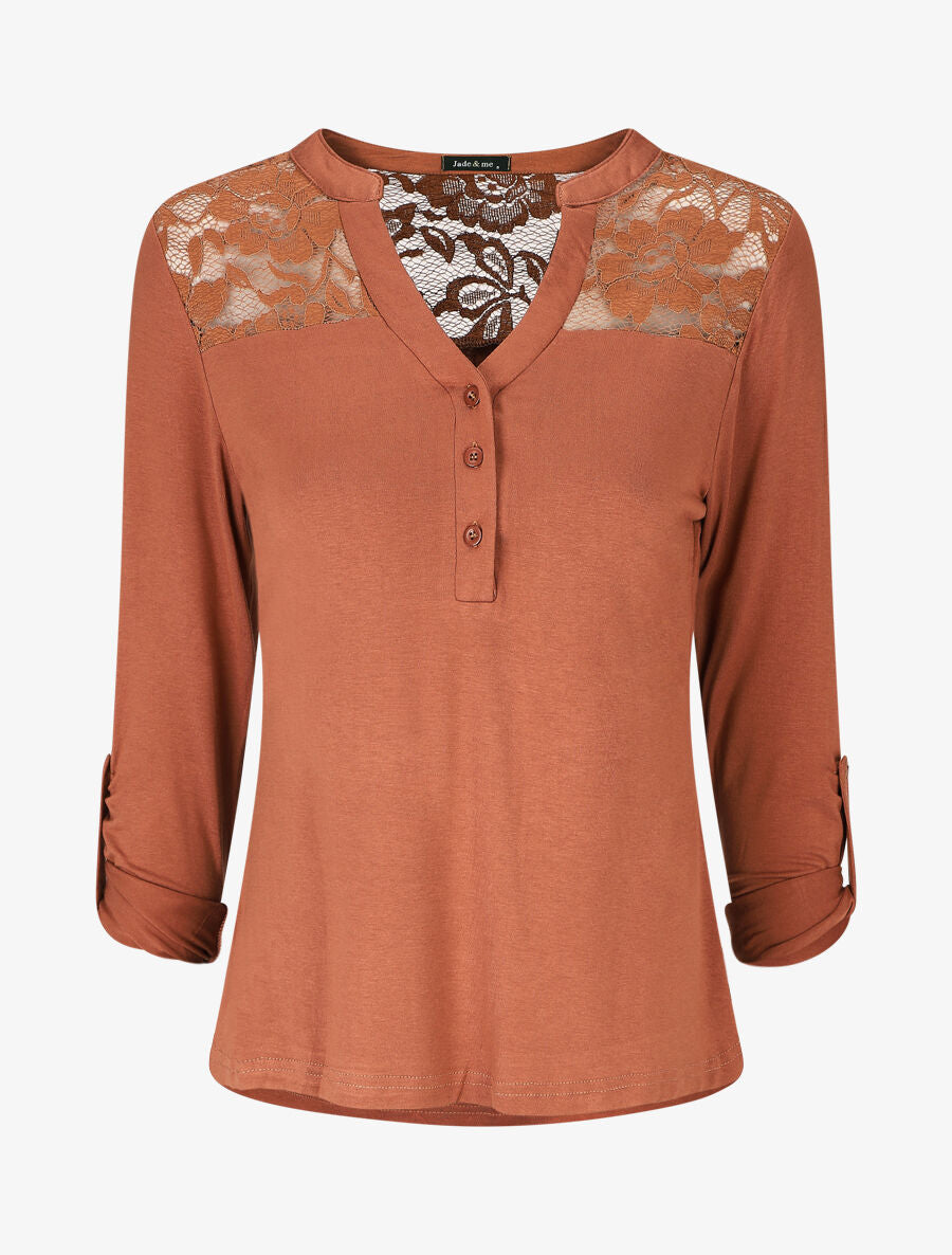 Top uni manches longues et dentelle - Camel - 1
