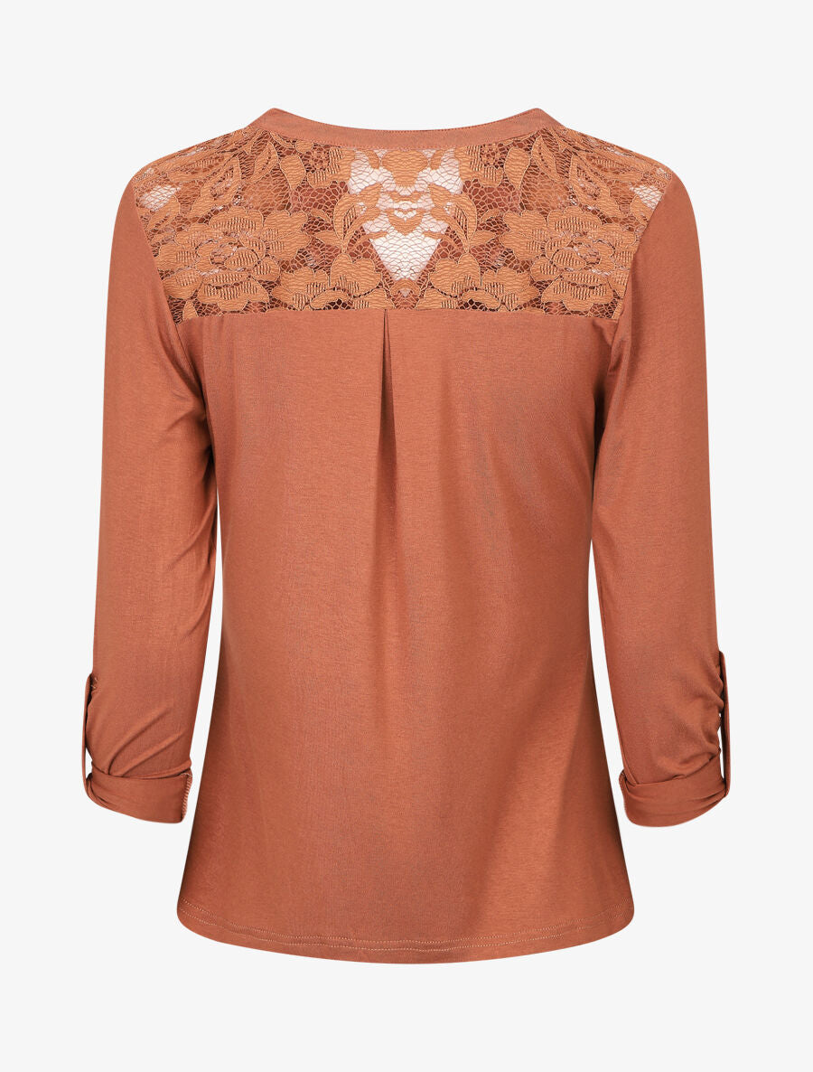 Top uni manches longues et dentelle - Camel - 2